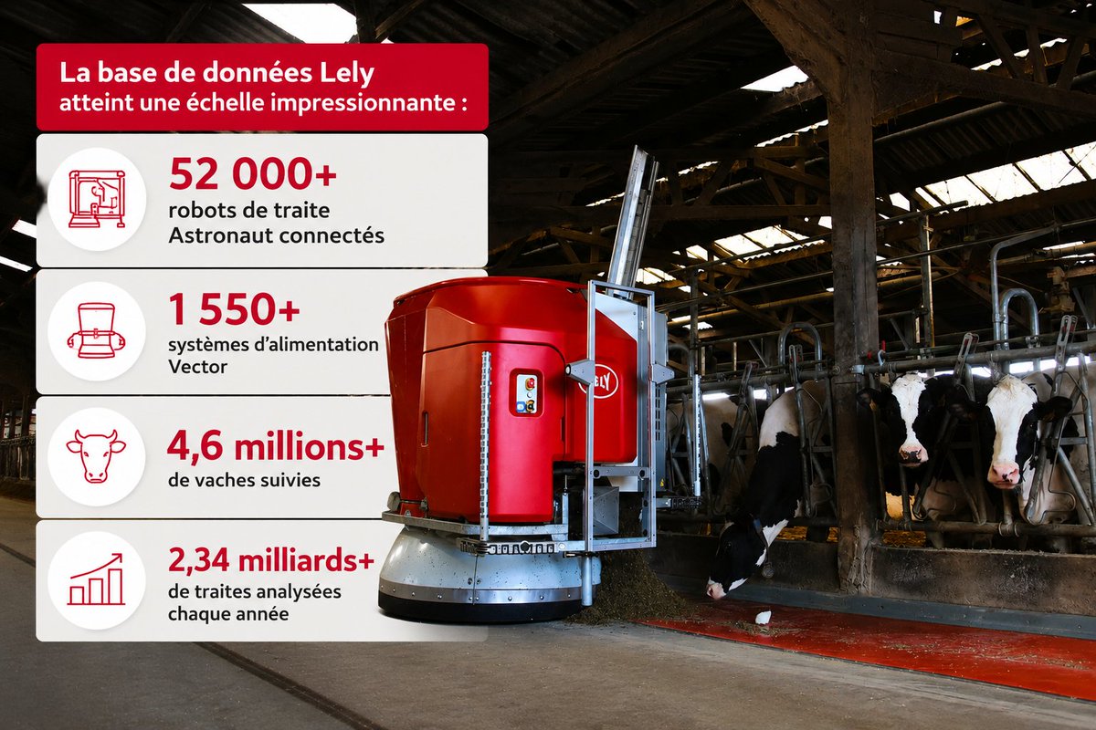 GrandsMag's tweet photo. Depuis 30 ans, Lely capitalise sur les données issues du terrain. Cette base atteint une échelle impressionnante : plus de 52 000 robots de traite connectés, 1 550 systèmes d’alimentation, 4,6 millions de vaches suivies.
#Lely
https://t.co/twiL363KoE https://t.co/jWuDLxA9m9