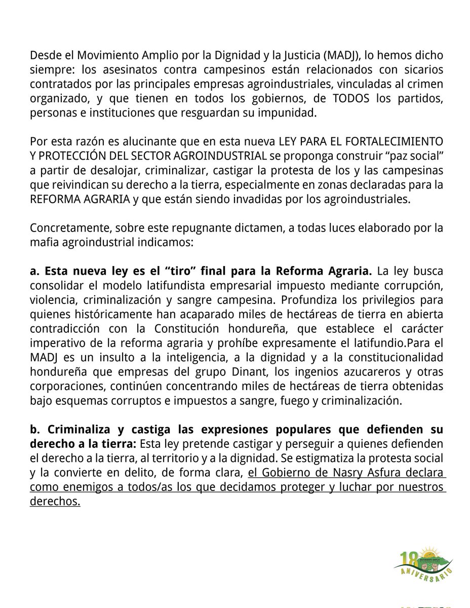 MovAmplioHn's tweet photo. 📢 Compartimos nuestro comunicado sobre la Ley de “Fortalecimiento y Protección” del sector agroindustrial.
Una ley hecha para proteger el latifundio, criminalizar la lucha campesina y profundizar el despojo en Honduras.
¡La tierra para quien la trabaja! https://t.co/GF5goeW9R6