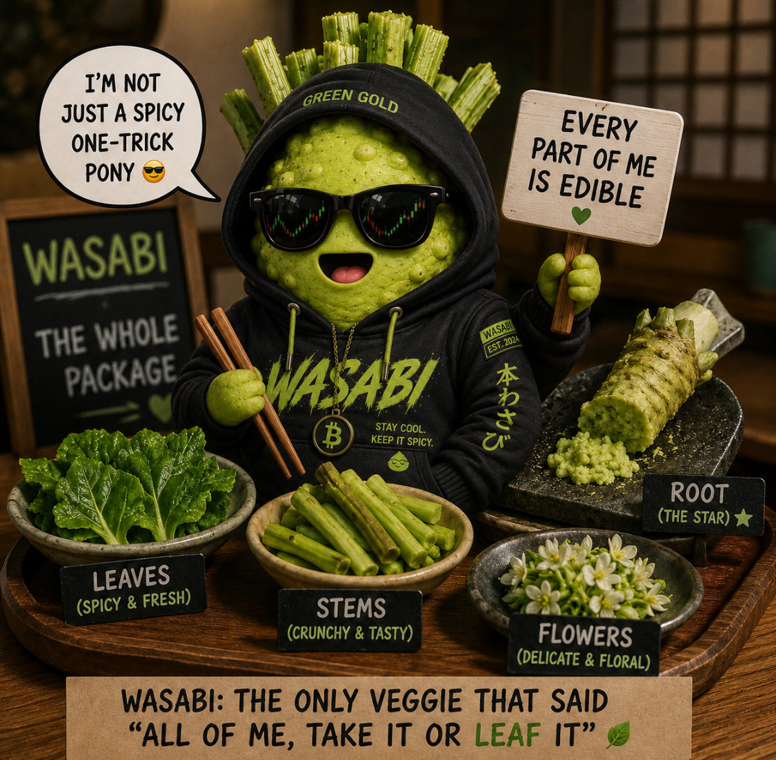 WasabiCheeseSol's tweet photo. afternoon spicy cheeses! 🌶️ 🧀 

you can actually eat almost the entire real wasabi plant 😭

the leaves, stems, and even the flowers are edible

meanwhile fake wasabi can barely qualify as a personality trait

green gold supremacy 🫡 https://t.co/dGZJxuhLgi