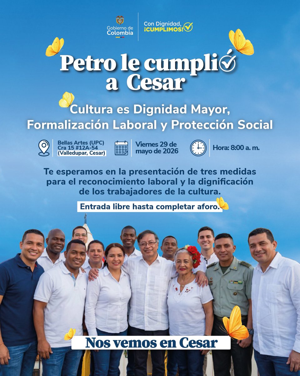 MintrabajoCol's tweet photo. 🇨🇴El Presidente @petrogustavo le cumplió a Cesar. Te invitamos a la presentación de las tres medidas para la dignificación de los trabajadores de la cultura. Un paso firme hacia la formalización laboral y protección social. 
 🧵 https://t.co/25KeJBR2HE