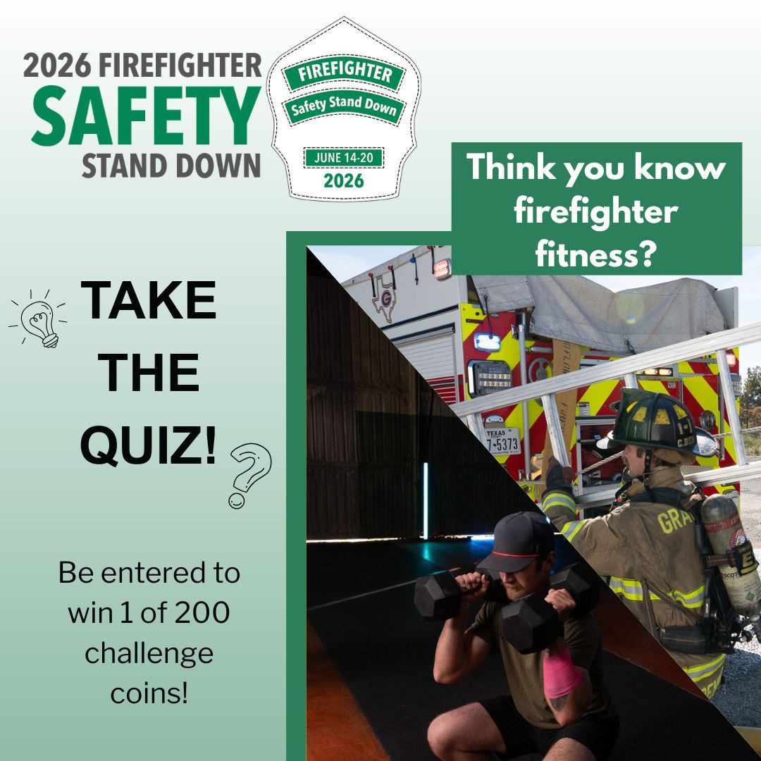 NVFC's tweet photo. Test your knowledge with the Safety Stand Down quiz and explore key concepts tied to this year’s theme, Firefighter FITNESS: Fit to Serve, Fit for Life. 200 quiz takers will be randomly selected to receive a limited edition challenge coin!

Take the quiz: https://t.co/s0TETmdAjS https://t.co/N3qfUfUBDz