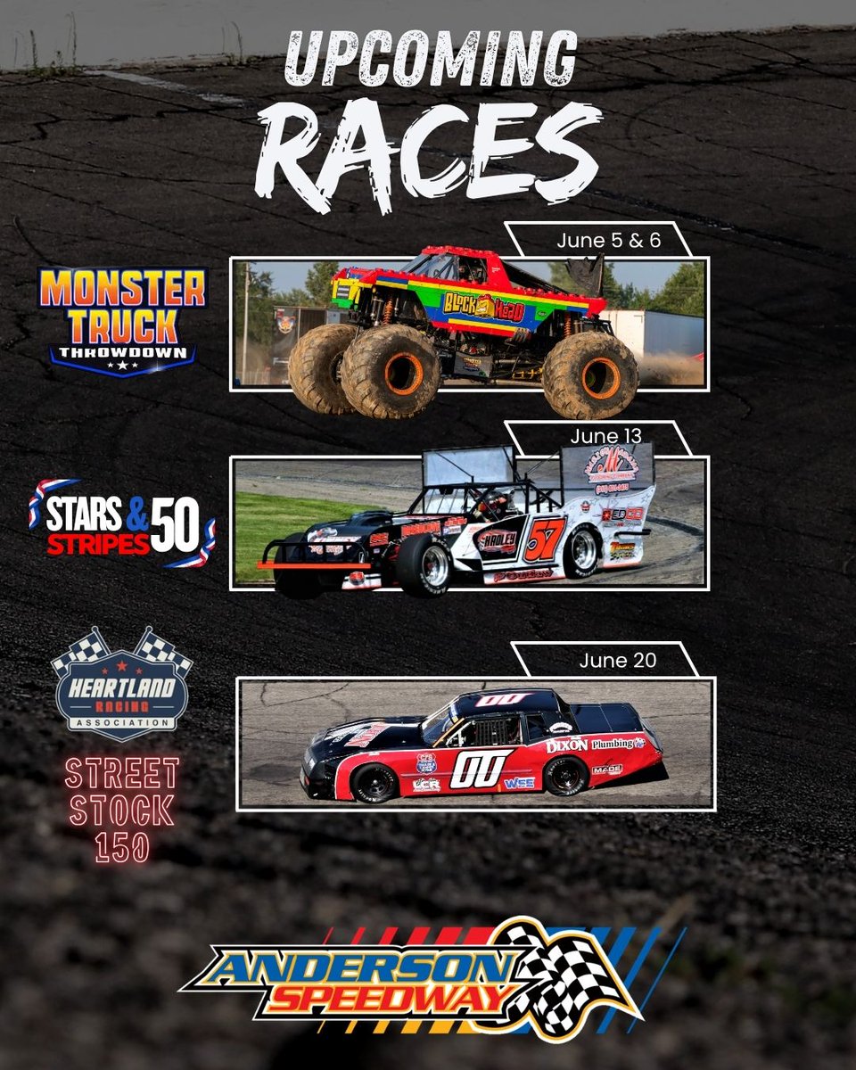 AndersonSpeedwy's tweet photo. 🏁 The schedule stays packed at Anderson Speedway!

Coming up next:
🔥 June 5 & 6 — Monster Truck Throwdown
🇺🇸 June 13 — Stars & Stripes 50
🏁 June 20 — CRA Street Stock 150

Mark your calendars and make plans to join us for an action-packed month at Anderson Speedway! Which event are you most excited for? 👀

🎟️ Purchase Tickets: https://t.co/PcpshIRcv1