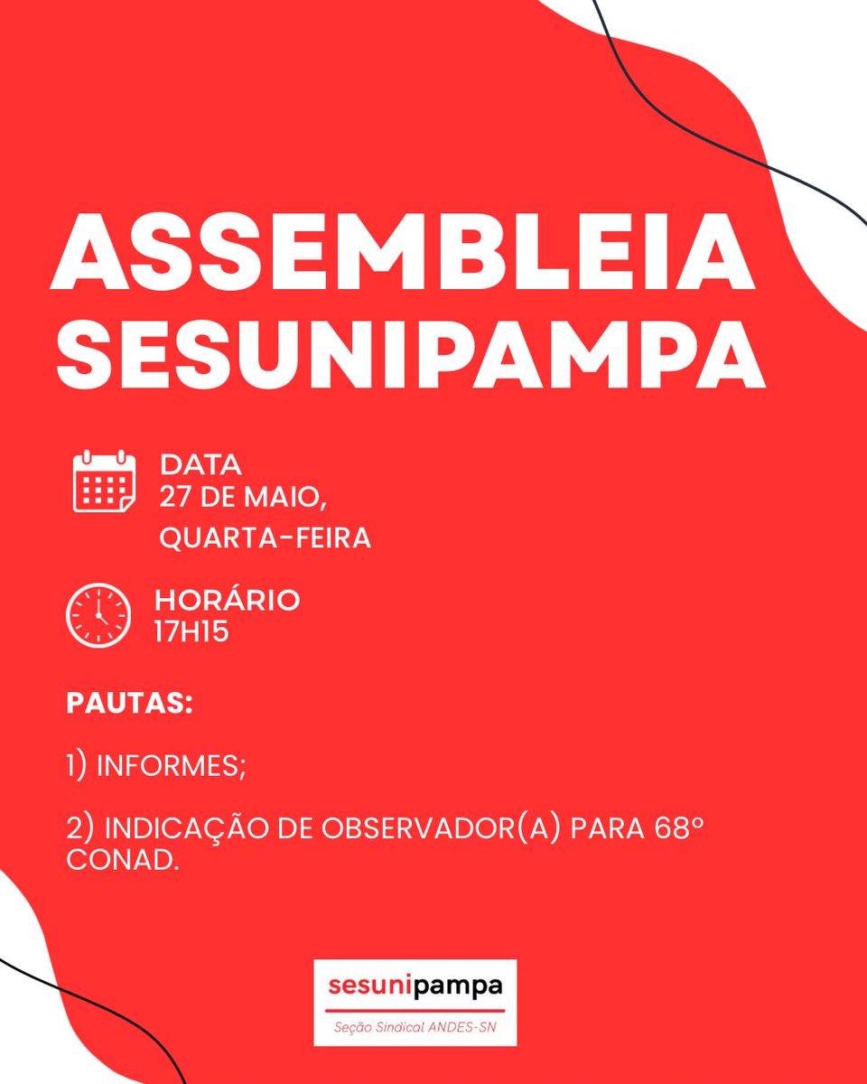 SESUNIPAMPA1's tweet photo. A Diretoria da Seção Sindical dos Docentes da UNIPAMPA – SESUNIPAMPA – convoca a todos e
todas para a assembleia:

Dia: 27 de maio, quarta-feira
Horário: 17h15 (primeira chamada) – 17h30 (segunda chamada, com qualquer quorum)

Local:
Campus Alegrete – Sala A1-101 ++ https://t.co/7BRTUe1qAN