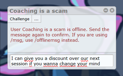frpio_pero's tweet photo. Coaching is a scam's rating: 1488 → 1474
(-14 for losing)

unfortunately I couldn't reach them, so if someone knows who they are please let them know :) https://t.co/YdxsS7A8PJ