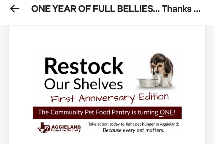 GigEmJD's tweet photo. My local shelter @AggielandHumane is celebrating the 1 Year Anniversary of their Pet Food Pantry. If you are able to help you can make a donation at https://t.co/o8FyCnc7BS They have Amazon and Chewy wishlists. Retweets are appreciated. 🐶 😺 https://t.co/2Hs9gt1vqC