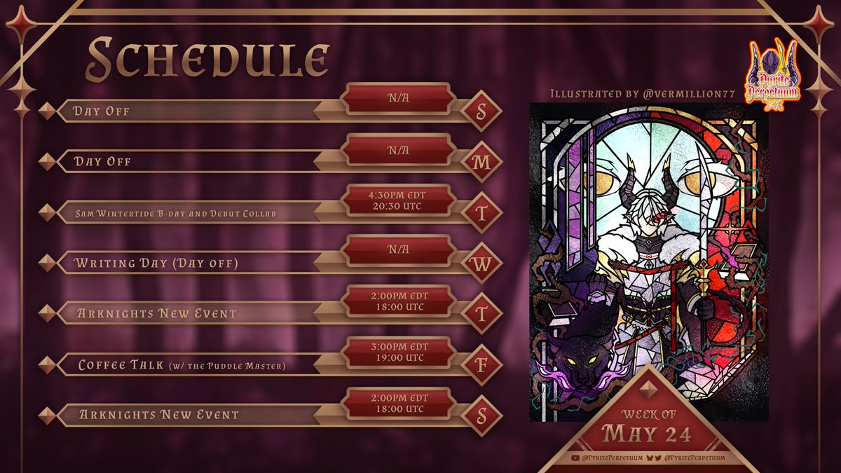PyritePerpetuum's tweet photo. 🌟💛SCHEDULE FOR 5/17/26💛🌟

I definitely did not forget to put this out...  We are returning to Arknights and will be collabing with  ⁨@pipofthepuddle⁩  on Coffee Talk, genuinely one of my favorite games!

That's all (as we are already past the big Sam collab)! Have a wonderful week!