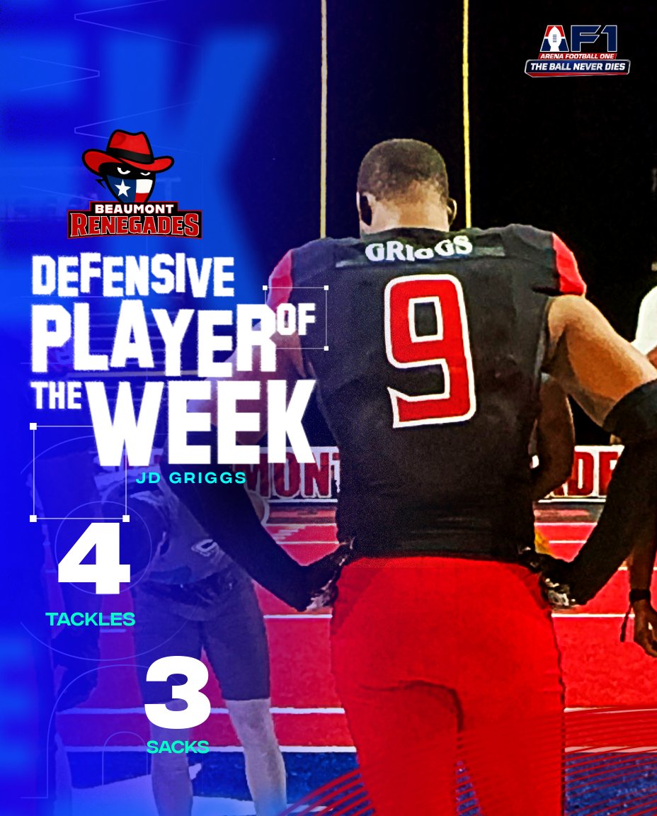 CoachJeffFisher's tweet photo. Week 7 @af1football had Co-Defensive Players of the Week ...
* @kentuckybarrels defensive back Joe Powell had three tackles and three interceptions vs. Oceanside Bombers
* Beaumont Renegades defensive end John "JD" Griggs had four tackles with three sacks vs. @wolfpackaf1 https://t.co/SnqF6OzHLe