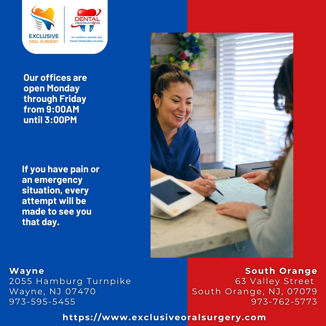 ExclusiveOral's tweet photo. Exclusive Oral Surgery - We're Your Partner in Radiant Oral Health!

South Orange:
63 Valley St, South Orange, NJ 07079
973-762-5773

Wayne:
2055 Hamburg Turnpike, Wayne, NJ 07470
973-595-5455

https://t.co/B8vJdtsMkh

#wayneoralsurgeon #southorangeoralsurgeon #dentalimplants https://t.co/7Zf6iMwAYM