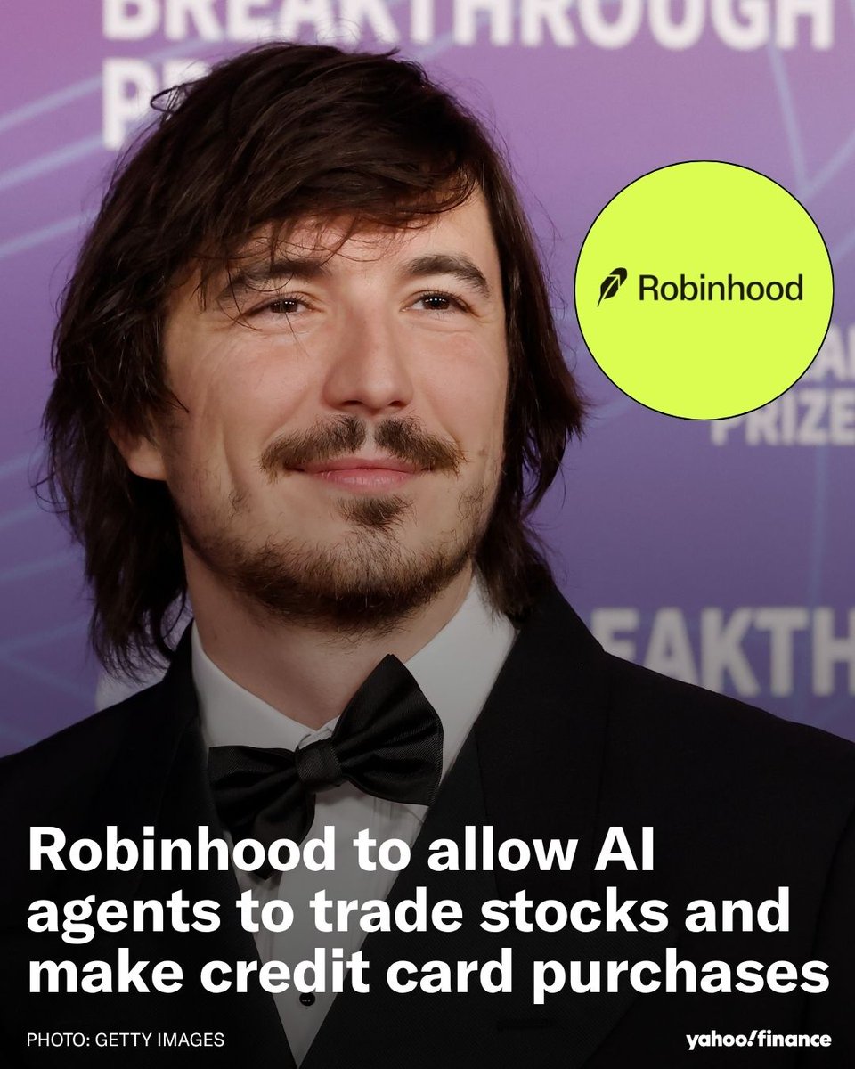 YahooFinance's tweet photo. AI agents can now trade stocks on Robinhood. https://t.co/etxNGty7uR