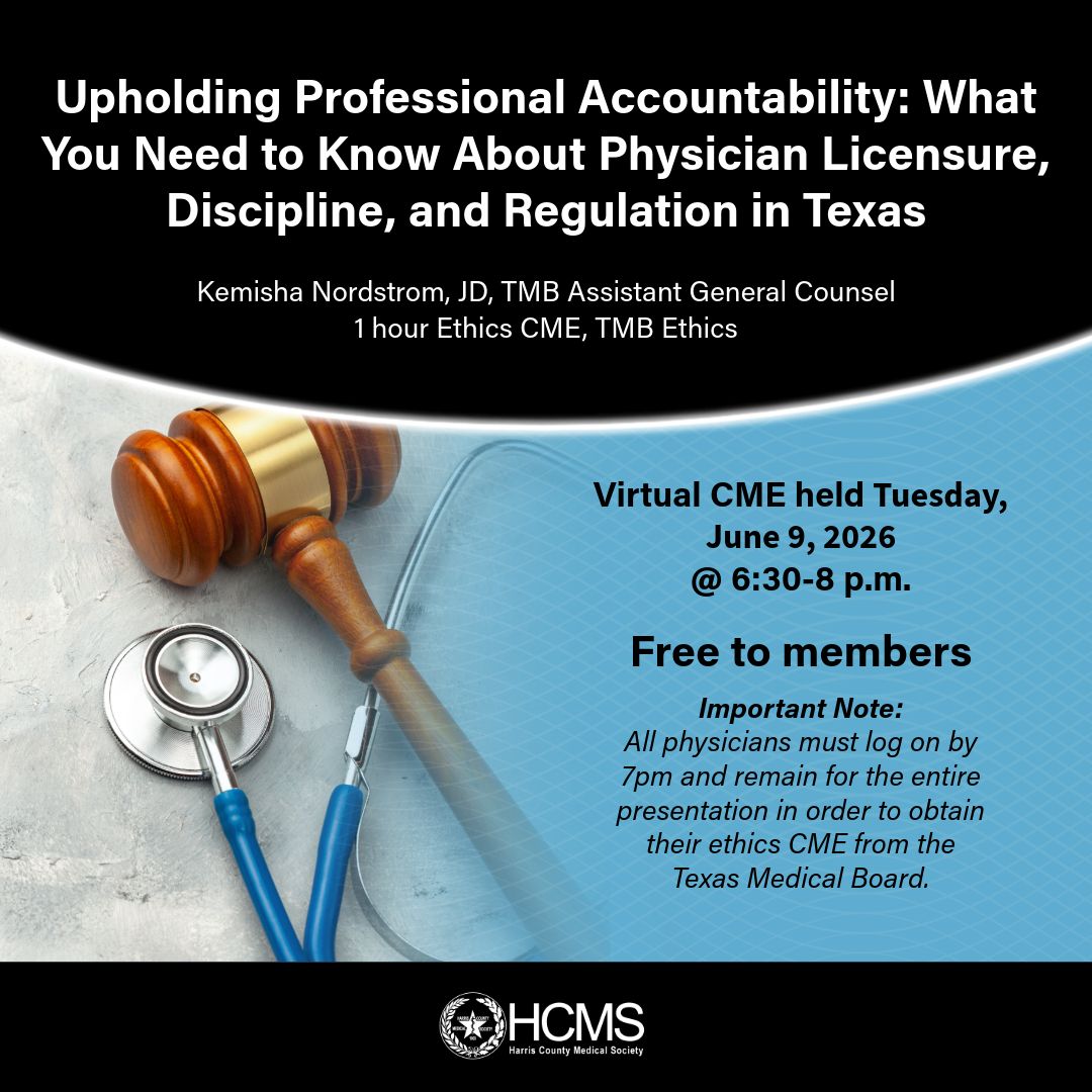 HCMSHAM's tweet photo. Don't miss this! Join HCMS member physicians VIRTUALLY next Tuesday, June 9 and earn one hour Ethics CME. To register, click on this link https://t.co/AFbpLaOL5m #hcms #virtual #zoom #cme #ethics #harriscountymedicalsociety https://t.co/adtiCnbIUk
