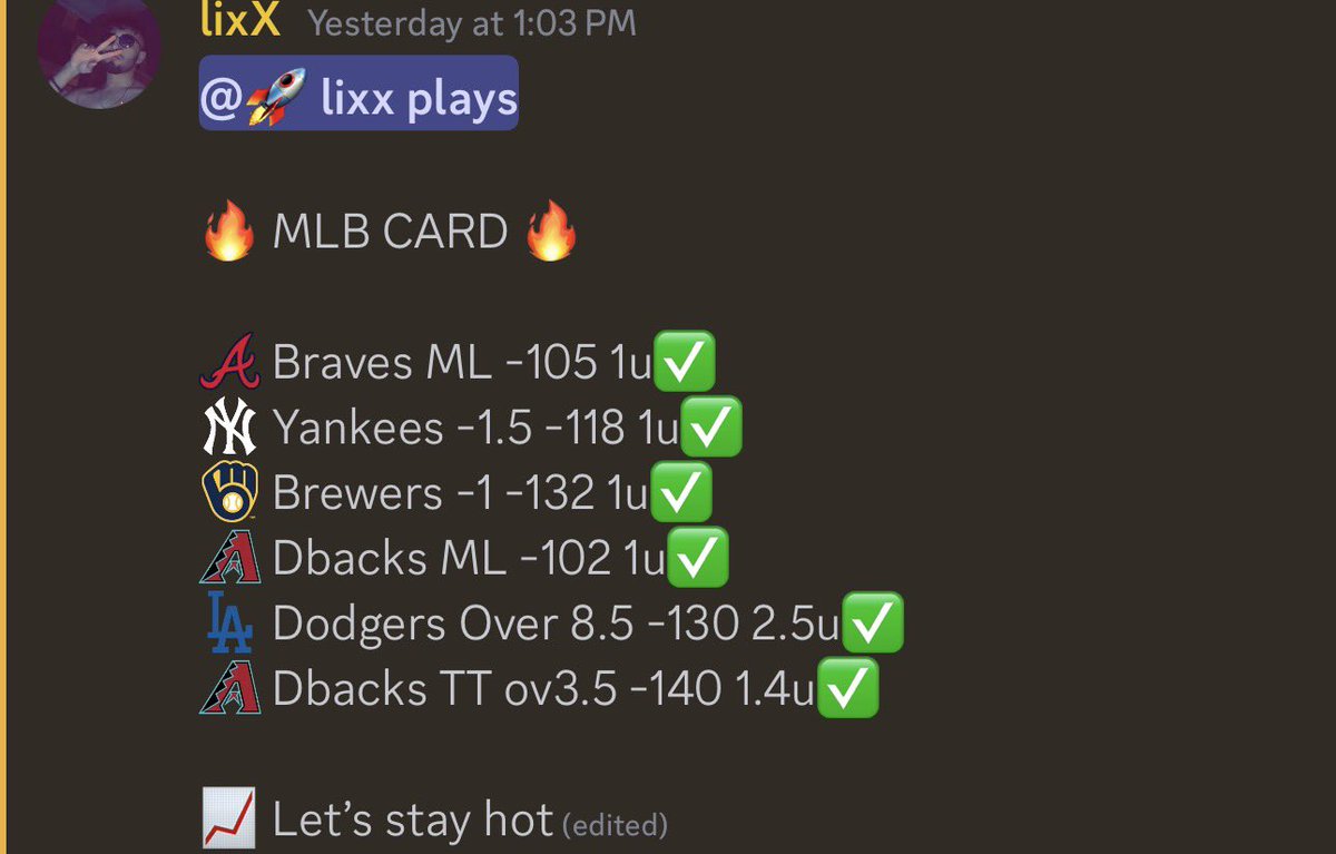 LixXLocks's tweet photo. 18.8 UNITS IN ONE DAY 🤯🚀

MLB board was absolutely printing yesterday.
Straights cashed, props cashed, RBI props nuked, and the RR HR play went crazy 💰

Been saying it… consistency > chasing one day hits.
We staying locked in 📈

If you’ve been tailing, you already know what time it is 😈