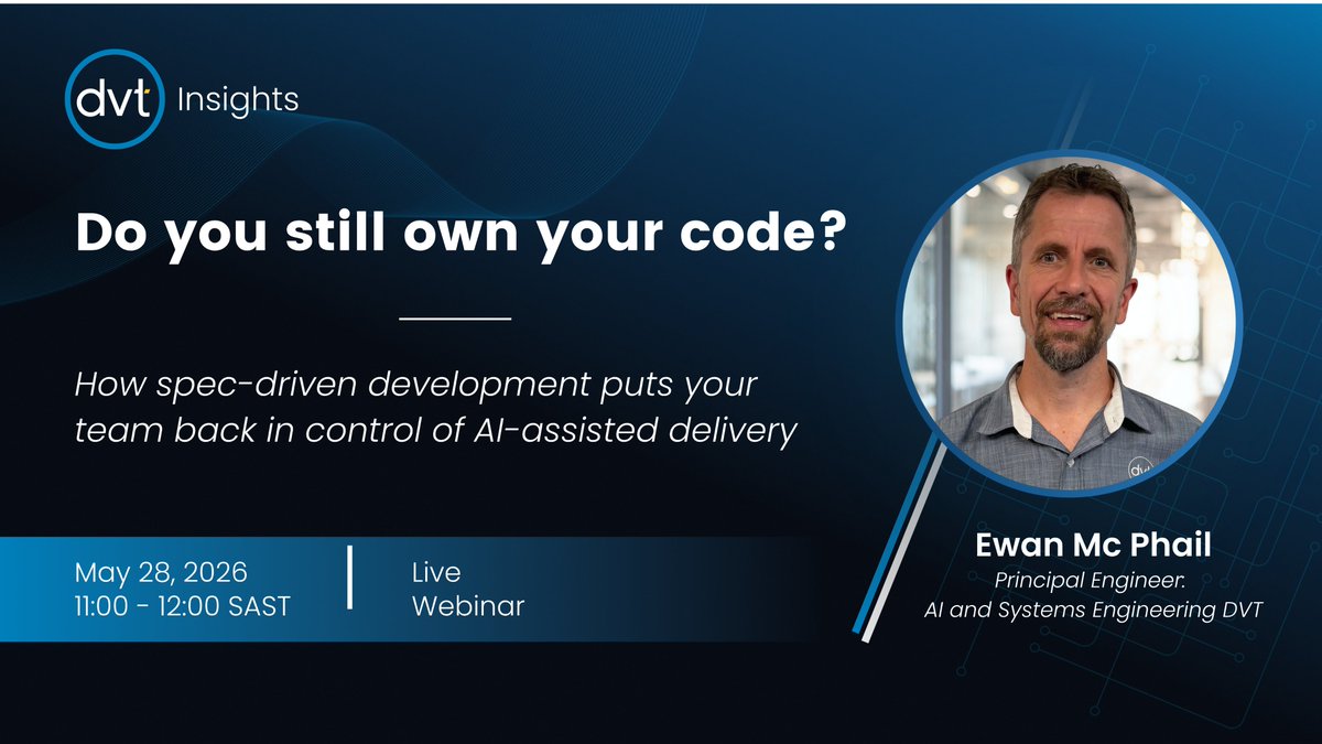 DVTSoftware's tweet photo. 📢 Join us tomorrow at 11 AM when DVT’s Principal AI Engineer, Ewan McPhail, will discuss the reality of AI-assisted software delivery.

While AI can generate code at unprecedented speeds, true spec-driven development treats AI as a planning partner. 
https://t.co/UVXCrLCPSn https://t.co/OcZPIwyC9X