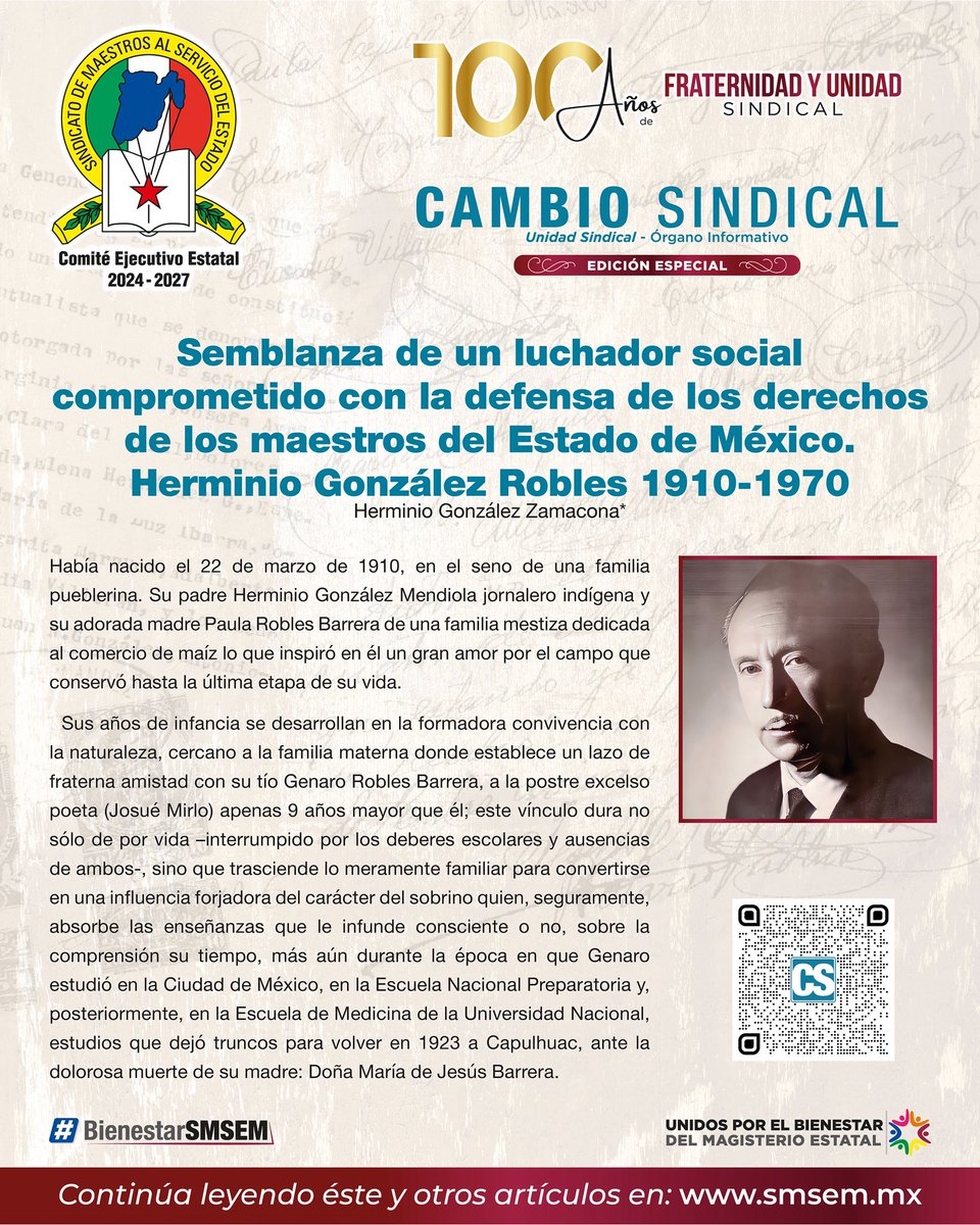 SMSEMmx's tweet photo. La revista "Cambio Sindical" en su edición especial por el Centenario de la Fraternidad y Unidad honra la lucha gremial del Mtro. Herminio González Robles. Accede al artículo en: https://t.co/BdbqMgBFrg https://t.co/sjjdf8LKnm