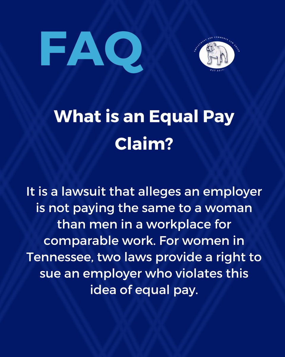eclawfirm's tweet photo. #FAQ

What is an Equal Pay Claim?

It is a lawsuit that alleges an employer is not paying the same to a woman than men in a workplace for comparable work. For women in Tennessee, two laws provide a right to sue an employer who violates this idea of equal pay. https://t.co/tRbT4rbSqR