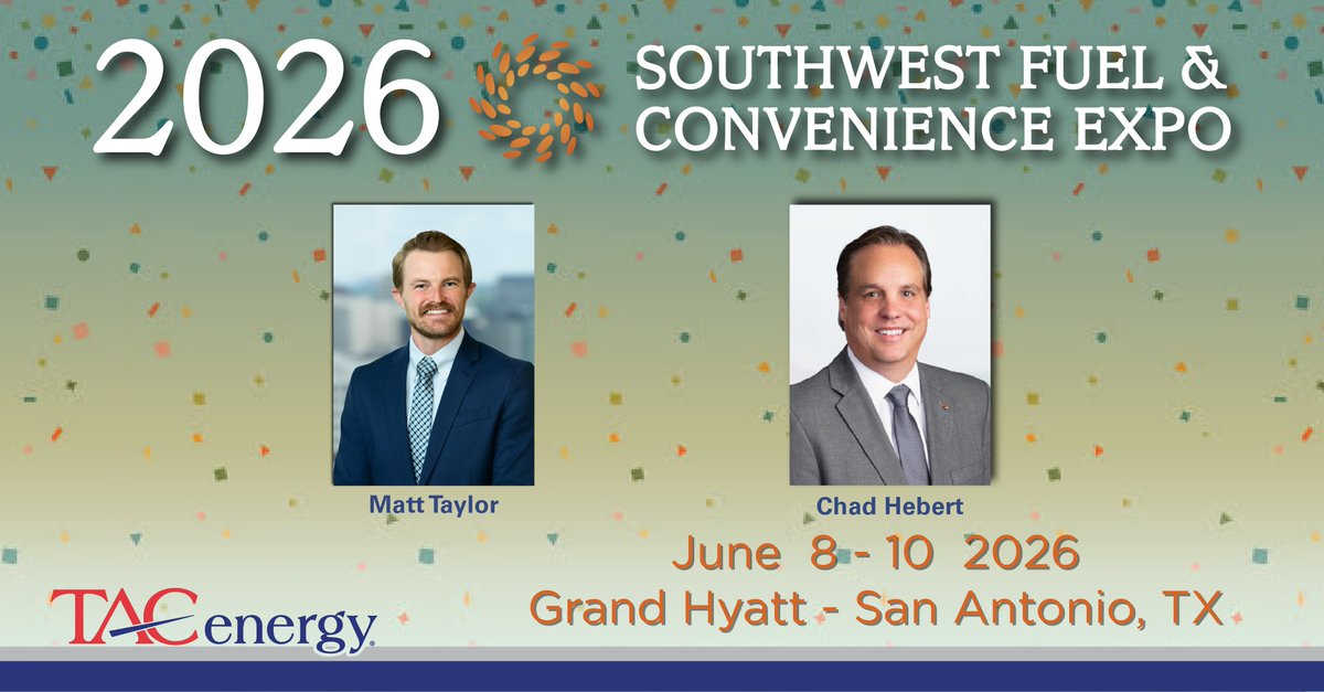 TACenergy's tweet photo. Fuel Your Future® with @TACenergy at the 2026 @TFFA Southwest Fuel &amp; Convenience EXPO.

#TACenergy representatives attending the EXPO June 8-10 in San Antonio, TX.
Book meetings early with @Chad Hebert, @Matt Taylor, @Lucy Wolfram and @Fred Sloan.

#TFFA2026 #DJBFFYF https://t.co/cXzz4vvxvg