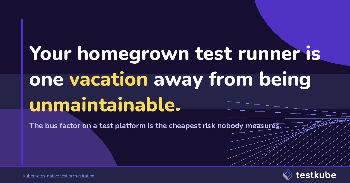 JonathanCPhelps's tweet photo. Your homegrown test runner is one vacation away from being unmaintainable.

Same pattern in three or four enterprise platform teams I've worked through this quarter. One engineer wrote the bash glue around Jenkins, owns the RBAC sidecar nobody else fully understands, and maintains the YAML that wires test runs into the deploy gate.

The team calls the platform "free" because the licensing line is zero. The loaded cost of a senior platform engineer running maintenance doesn't show up anywhere on the engineering P&L.

If that person leaves the cluster keeps running. The tests don't.

At Testkube we see this most often in orgs that scaled past 500 engineers before anyone wrote down how the test infrastructure actually works. The bus factor on a test platform is the cheapest risk nobody measures.

#PlatformEngineering #Kubernetes #DevOps
