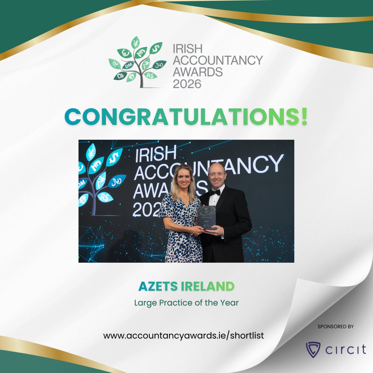 AccountancyIRL's tweet photo. Congratulations to Azets Ireland, winners of Large Practice of the Year at the Irish Accountancy Awards 2026, sponsored by Circit. 🏆 A fantastic achievement for the entire team.

#IrishAccountancyAwards2026 https://t.co/YjklrlyQLm
