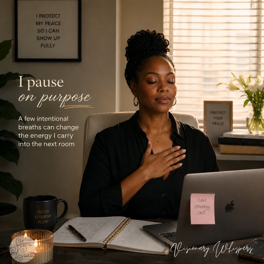 ShaaniCreates's tweet photo. I pause on purpose.🧘🏾‍♀️

A few intentional breaths between meetings helps me return to myself before I pour into the next conversation. ✨ https://t.co/XW6IC1PZ5u