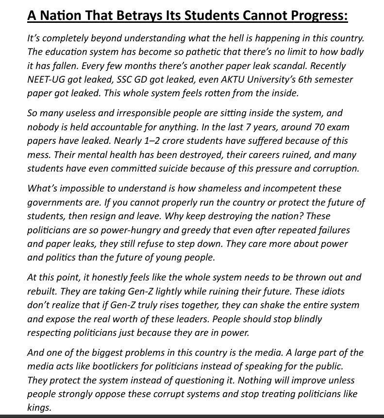 mr_supreme0's tweet photo. India’s education system is collapsing under corruption and incompetence. NEET-UG, SSC GD, AKTU — paper leaks have become normal now.

In the last few years, millions of students have suffered mentally, emotionally, and financially because nobody in the system is held accountable https://t.co/vBYo7CGAcB