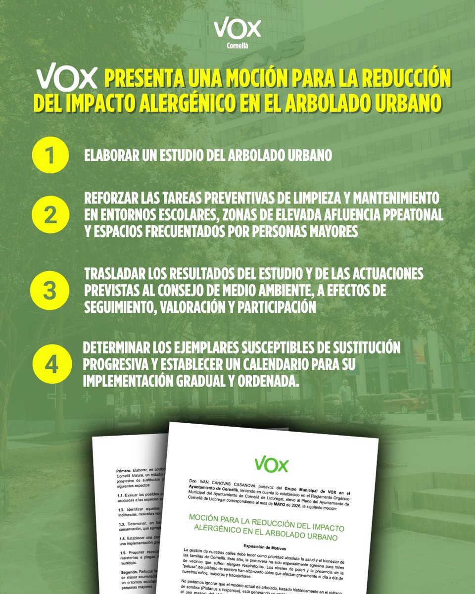 voxcornella's tweet photo. Hoy llevamos al pleno esta propuesta para cambiar los árboles de la ciudad que generan alergias, como muchos vecinos han sufrido esta primavera.

Veremos que votan el resto de partidos.

#VOX #cornella #cornelladellobregat #alergia https://t.co/jwq10VtCcC