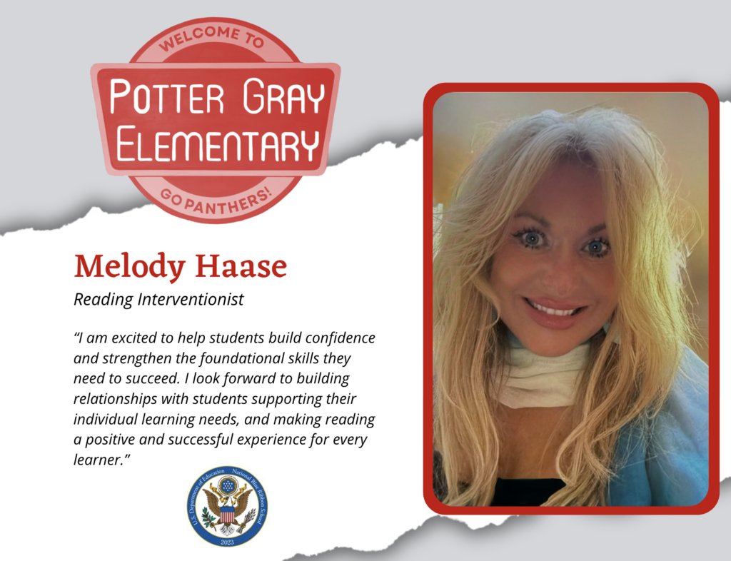 PotterGrayPride's tweet photo. PG is excited to have Mrs. Melody Haase as a full time Reading Interventionist next year. Welcome to your new role Mrs. Haase! https://t.co/mCMakiAq9L