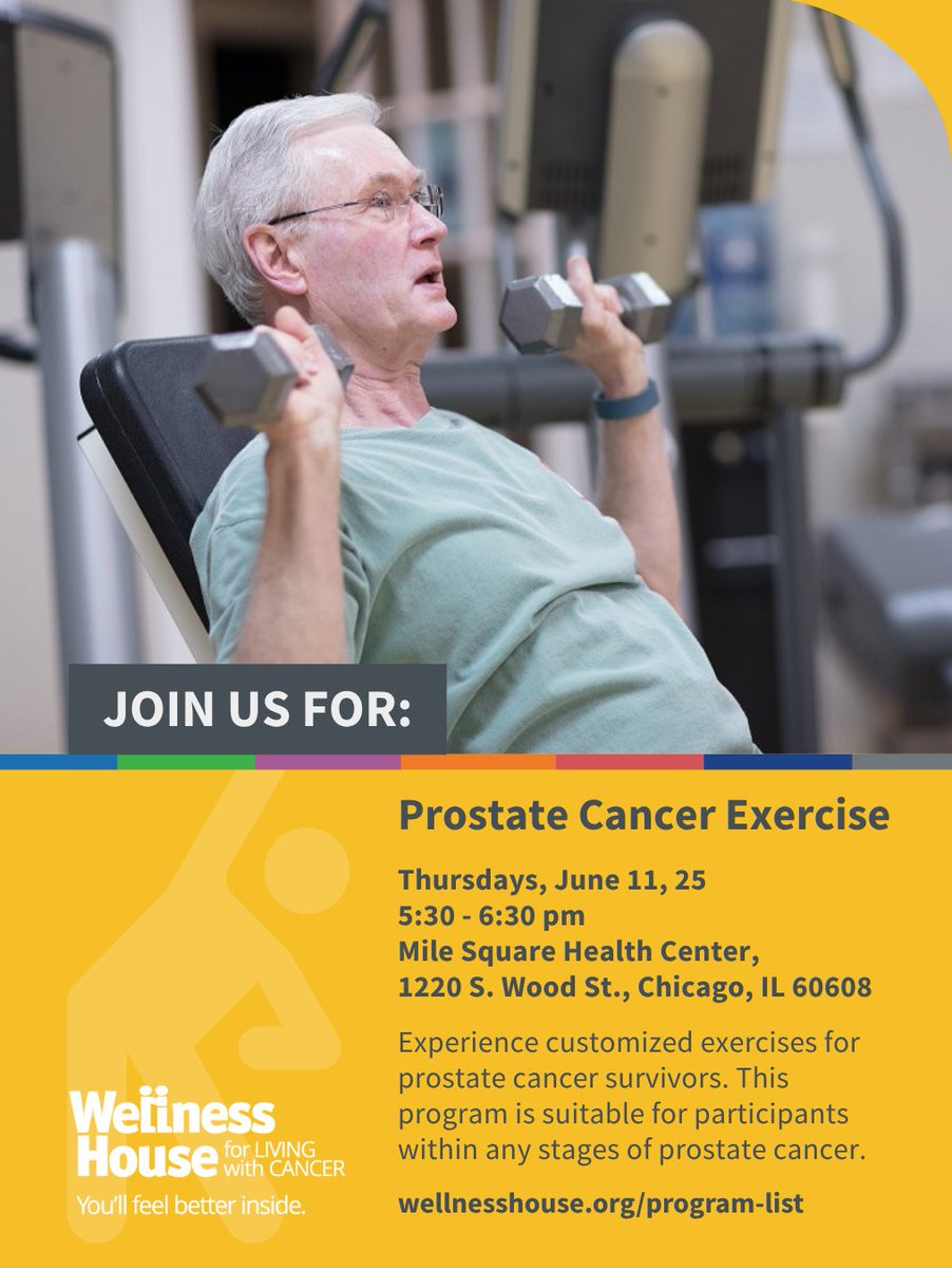 WellnessHouse's tweet photo. Join us for customized exercise sessions for prostate cancer survivors at any stage.
June 11, June 25 | 5:30 โ 6:30 pm
UI Health Mile Square Health Center
1220 S. Wood St., Chicago
Free. Register: https://t.co/1yjvdBEKBo
#WellnessHouse #ProstateCancerSupport https://t.co/RH1ChWHdgk