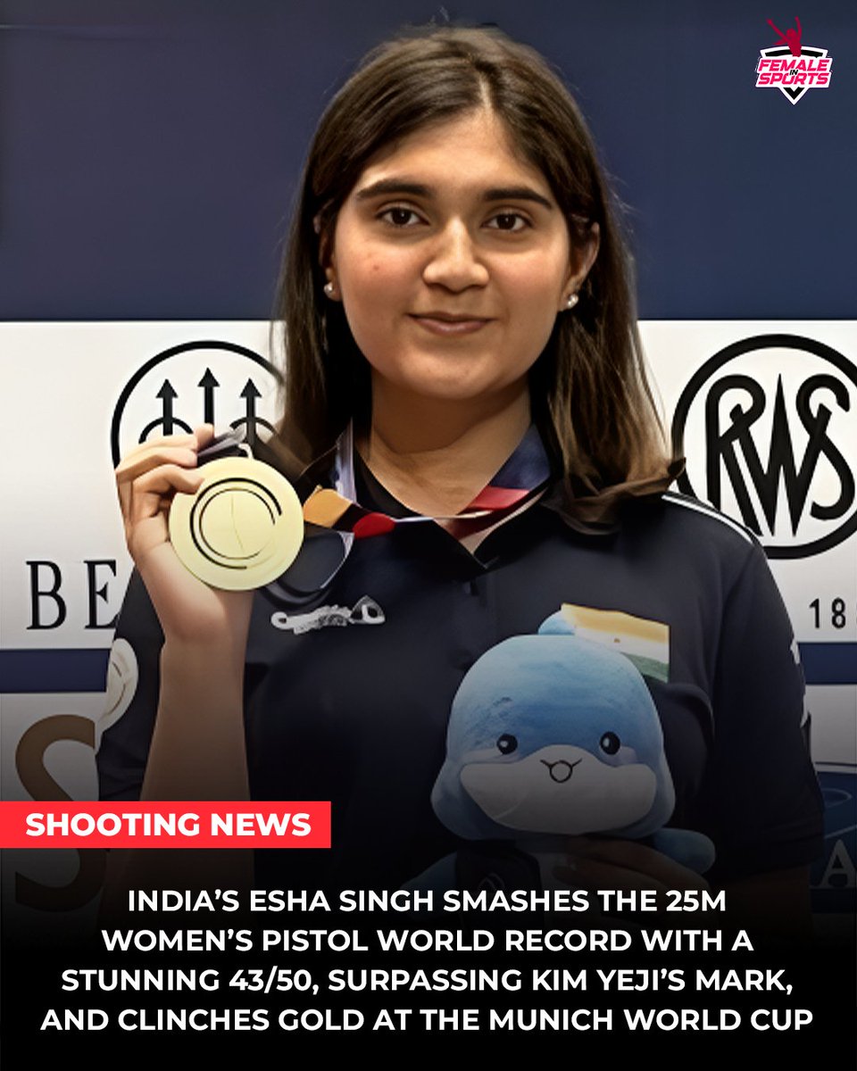 femalesports_in's tweet photo. Esha Singh rewrites the record books with a stunning 43/50 in the 25m Womenโs Pistol event and brings home World Cup gold from Munich ๐ฅ
#shooting #news #femaleinsports https://t.co/LxSYPwi4El