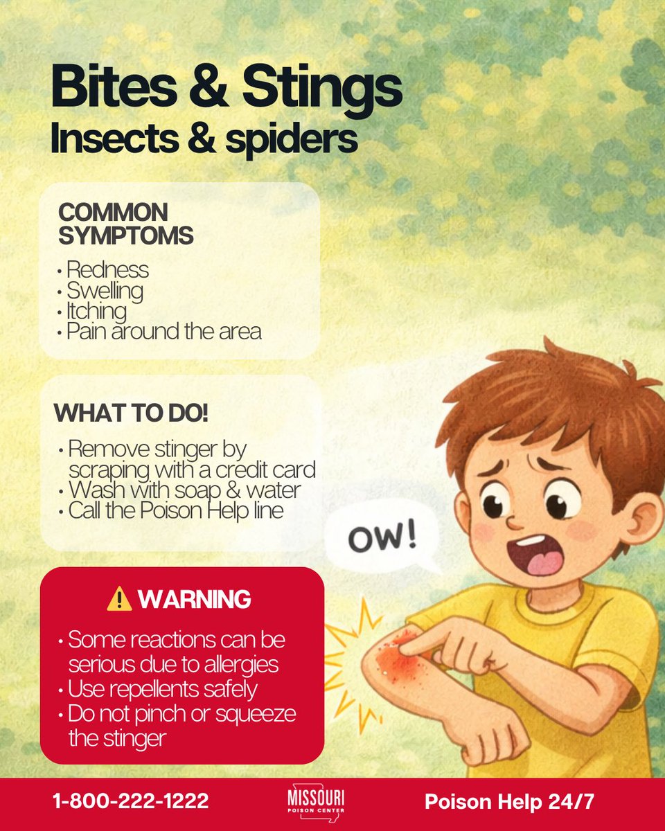 mopoisoncenter's tweet photo. Ouch… it happens! 🐝

Bites and stings are common in the summer, especially when kids are playing outside.
Most cause redness, swelling, and itching… but some reactions can be more serious.
Knowing what to do can make all the difference.

👉 Want more summer safety tips?
https://t.co/gsTkg7NdXR
Stay tuned for more ☀️👀

📞 Call Poison Help: 1-800-222-1222
Free, fast, and available 24/7.

#poisonprevention #summersafety #summertips #insectstings #beestings #spiderbites