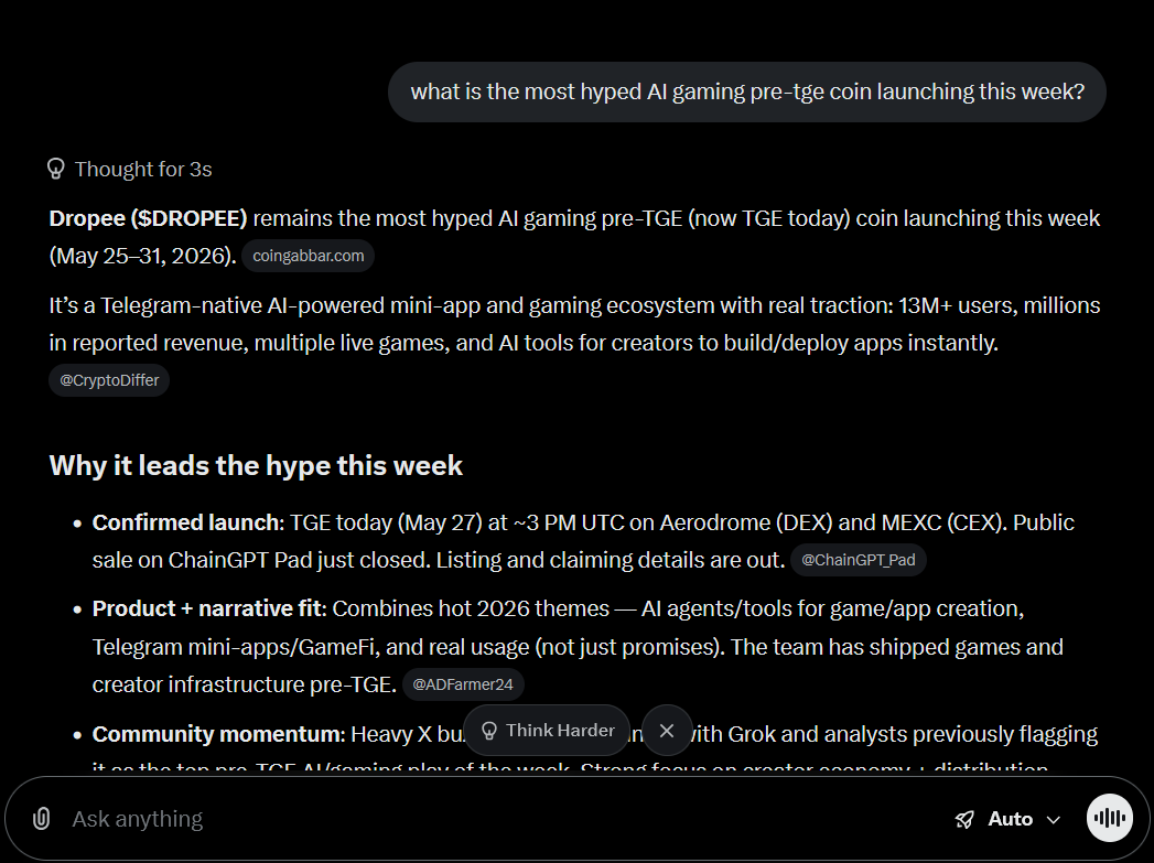 traderrocko's tweet photo. Even Grok AI agrees $DROPEE is one of the most hyped AI gaming launches in crypto at the moment 🚀🤑 

Dropee ticks a Lot of things I look for a good launch like AI narrative, real revenue, buy back, experienced team and already launched product. Lot people excited about the TGE today, Good Luck 🙏