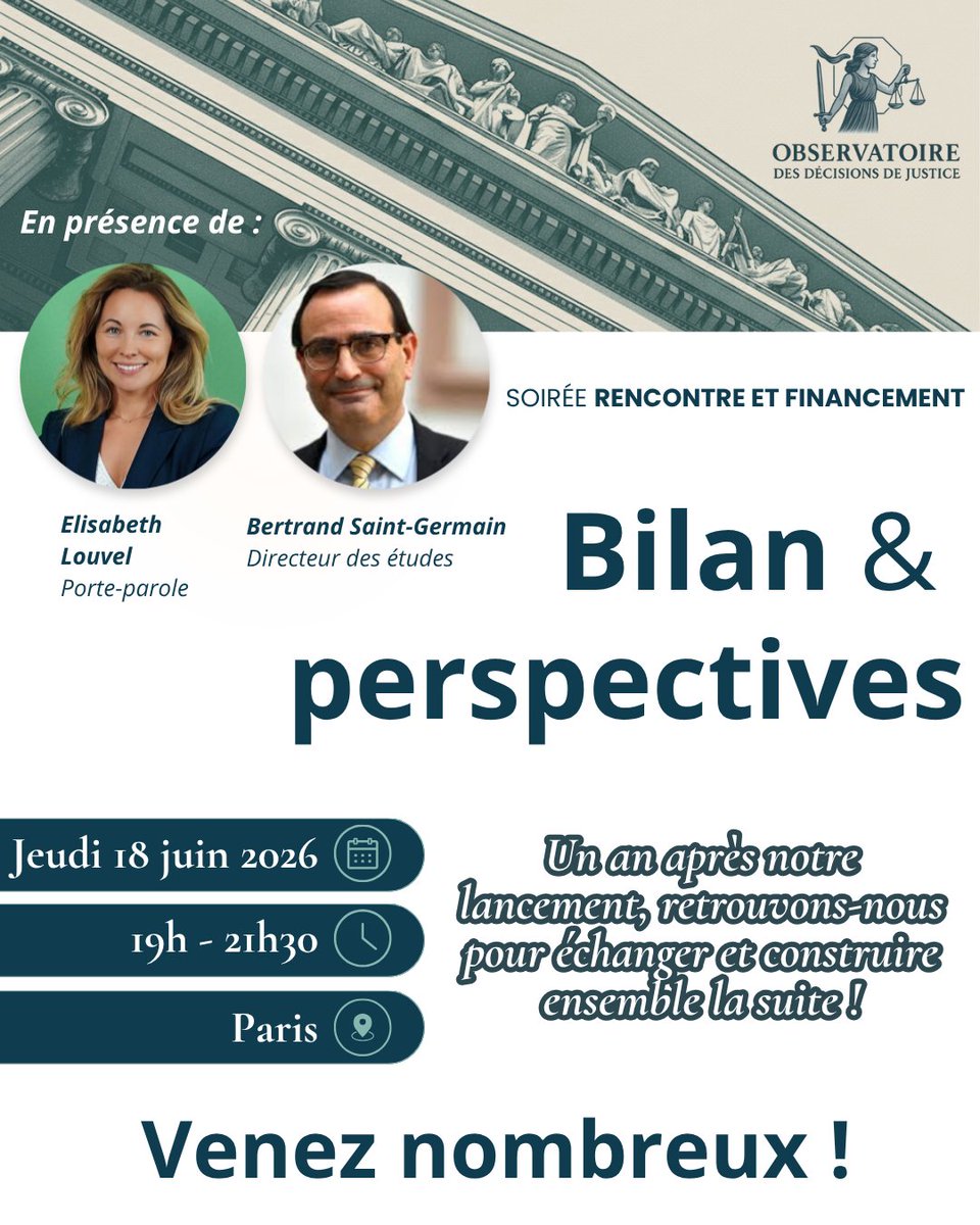 ODJ_France's tweet photo. 📆🍸 Un an après notre lancement, nous vous invitons pour une soirée exceptionnelle de rencontre et de financement le 18 juin prochain !

Une soirée dans un cadre idéal ou vous pourrez rencontrer notre équipe, nous faire part de vos idées,  rencontrer des personnes partisans d'une justice qui rend réellement justice, le tout autour d'un verre 🥂

🔴 Au programme : 

👉🏻 Bilan de nos actions
👉🏻 Présentation de notre nouveau dossier "Syndicalisation de la justice : 
👉🏻 enquête sur un pouvoir parallèle" - publication dans les prochains jours
👉🏻 Justice et élections 2027 : quels enjeux pour l'ODJ ?
👉🏻 Orientation de nos prochains dossiers : consultation en direct
👉🏻 Cocktail et discussions

Venez nombreux !