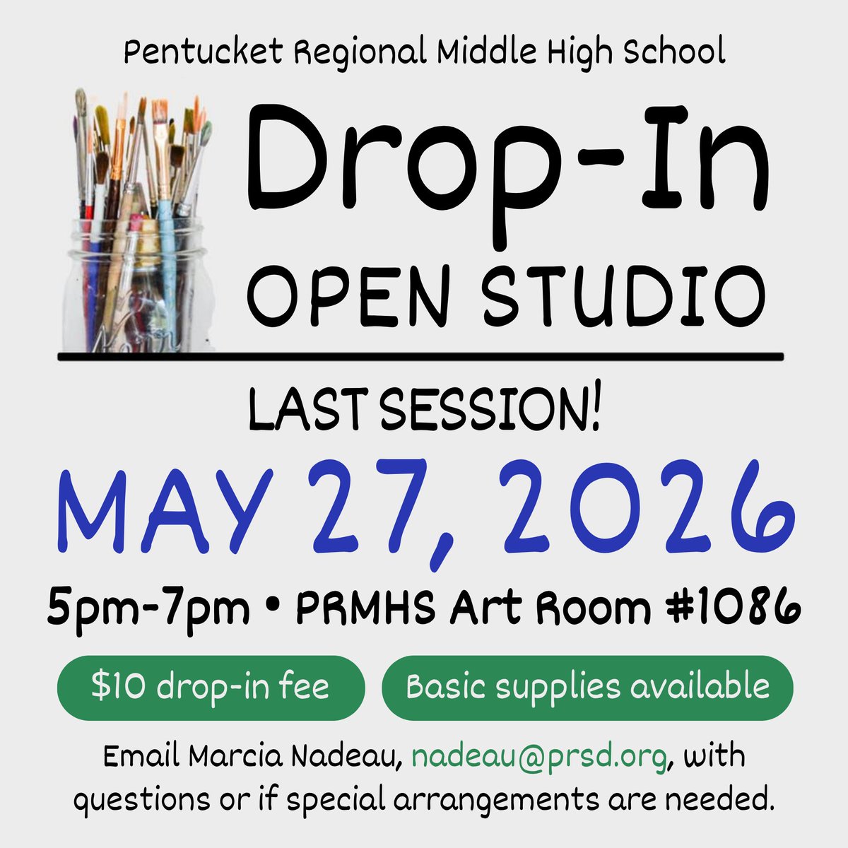 ArtsPentucket's tweet photo. TONIGHT is your last opportunity to "drop in" on the Drop-In Open Studio, a welcoming drop-in art experience at Pentucket Regional Middle High School!

📆 Wed, 5/27
🕔 5pm – 7pm
📍 PRMHS Art Room #1086
💵 $10 fee

For questions/special accommodations, contact nadeau@prsd.org. https://t.co/ZAmbaC5Asf