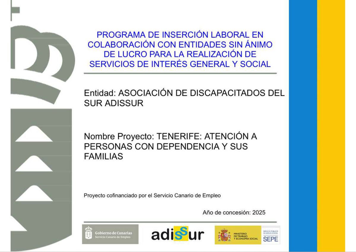 AAdissur's tweet photo. Queremos anunciarles que ha comenzado un nuevo proyecto: " TENERIFE: ATENCIÓN A PERSONAS CON DEPENDENCIA Y SUS FAMILIAS "
Este proyecto esta financiado por El Servicio Público de Empleo Estatal y El Servicio Canario de Empleo.
Nº ORDEN: 037/25 - Nº EXPEDIENTE: 3801925FD02 https://t.co/ocWkJ7daPZ
