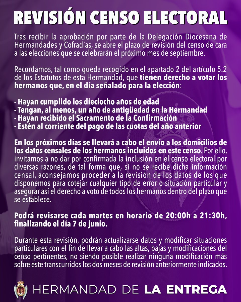 Hdad_Entrega's tweet photo. ℹ️ 𝗥𝗘𝗩𝗜𝗦𝗜𝗢́𝗡 𝗖𝗘𝗡𝗦𝗢 𝗘𝗟𝗘𝗖𝗧𝗢𝗥𝗔𝗟

Adjuntamos la información relevante acerca del censo electoral de cara a las elecciones en nuestra Hdad. el próximo mes de septiembre.

Podrán revisarse los datos censales cada martes, de 20h a 21:30h, finalizando el 7 de junio. https://t.co/6ugW2W5iWB