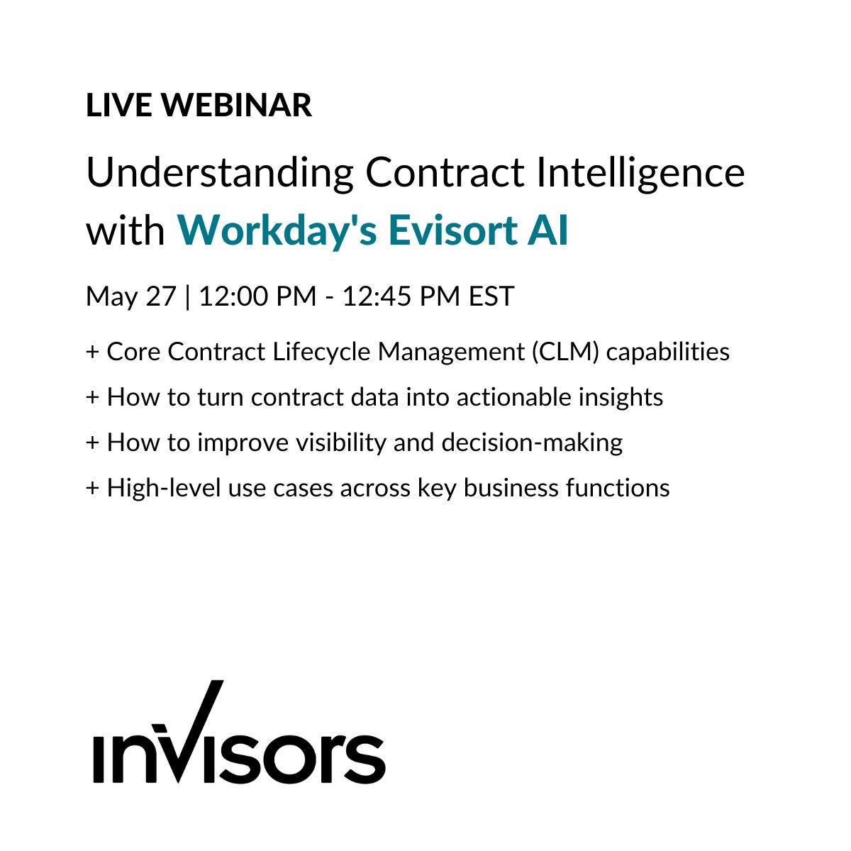 Invisors's tweet photo. We’re live today at 12:00 PM EST for a practical look at how Workday’s Evisort AI helps organizations centralize contracts, unlock actionable insights and improve visibility through Contract Intelligence https://t.co/WPuYAJ7o6J  #WDAY #WDAYPartners #EnterpriseAI https://t.co/jNnomfOVSH