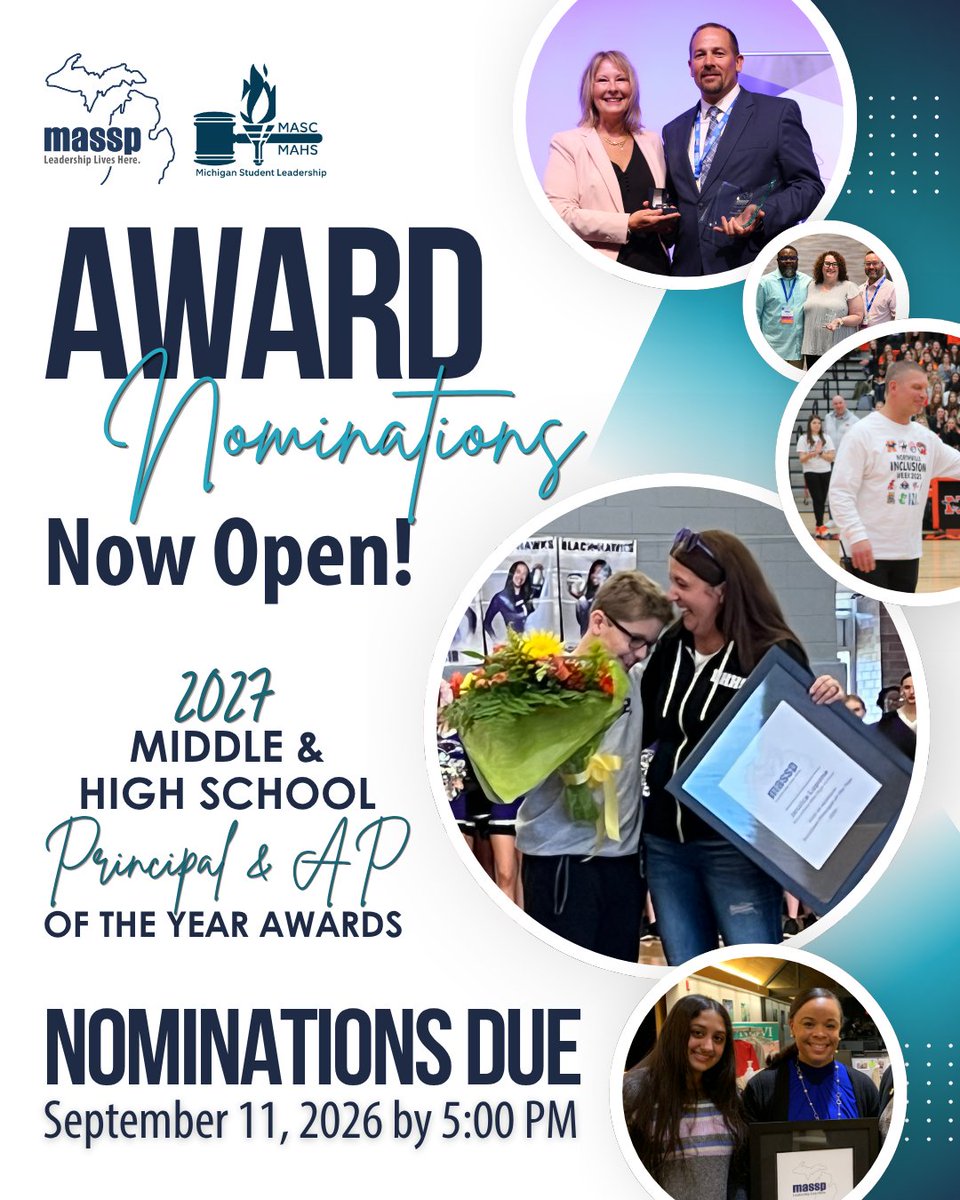 massp's tweet photo. Know an amazing school leader in Michigan? Nominate them for MASSP’s Admin of the Year award program! Recognize their excellence! Learn more https://t.co/H78qXhy3Ax 🏆 

#SchoolLeaders https://t.co/kNd3kjlMfs