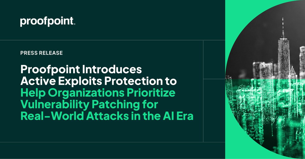 proofpoint's tweet photo. AI is accelerating vulnerability discovery, but less than 6% are ever exploited in the wild.

Today, we introduced Active Exploits Protection to help security teams prioritize based on real attacker activity, not severity scores.

Learn more: https://t.co/ethTOtIg5n https://t.co/NUxbKPhj6J