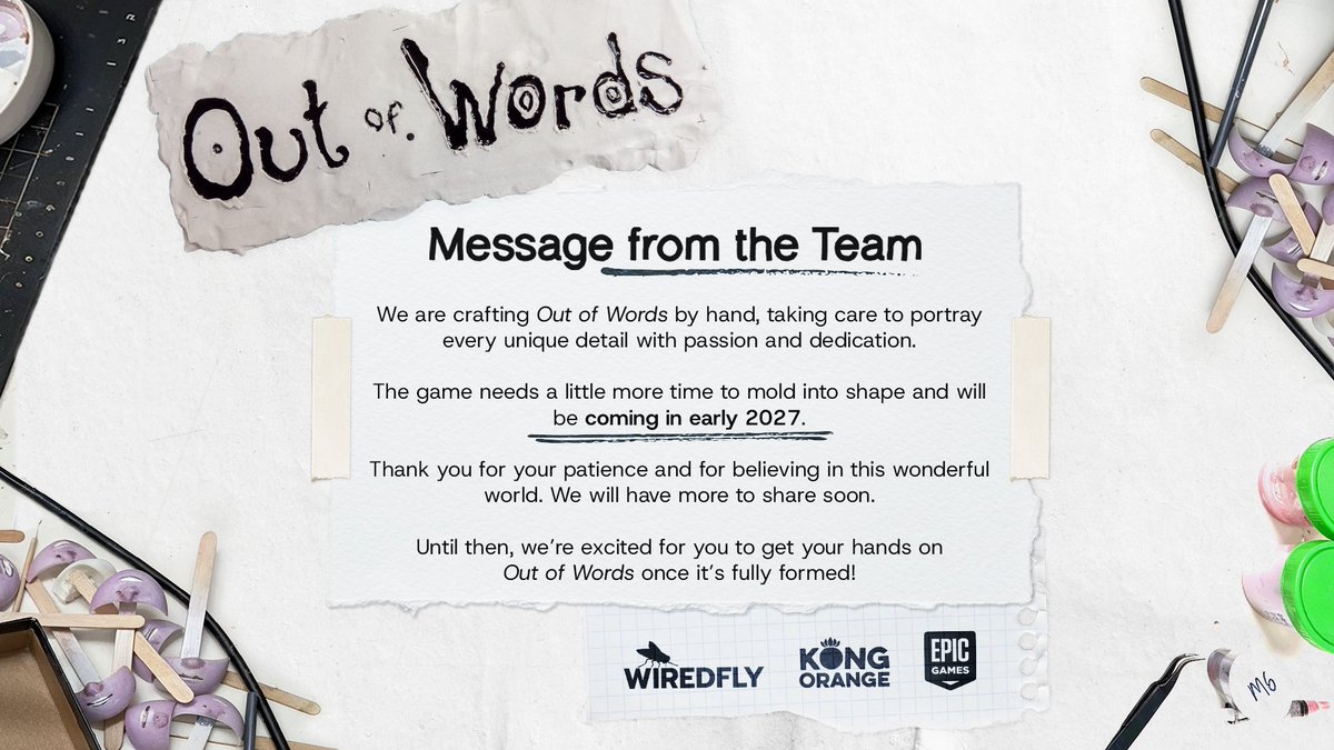 outofwordsgame's tweet photo. A Message from the Team:
Good things take time, and we need just a little bit more to get Out of Words molded into the shape we want it to be. Thank you for your patience while we continue crafting the game with love and care! https://t.co/fD7iCvIxx8