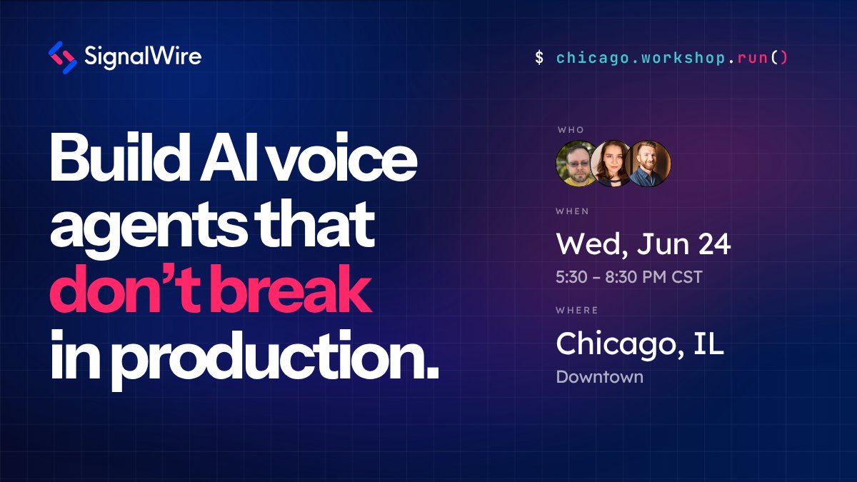 SignalWire's tweet photo. The #voiceai demo works, but it's a trap! Most stacks were built for the demo, not production load.
June 24 in Chicago: a hands-on workshop. You'll leave with a working agent in your GitHub built on patterns that hold up at 10,000 calls.
Register: https://t.co/CPGpcxOHJq https://t.co/P5c790HBK3