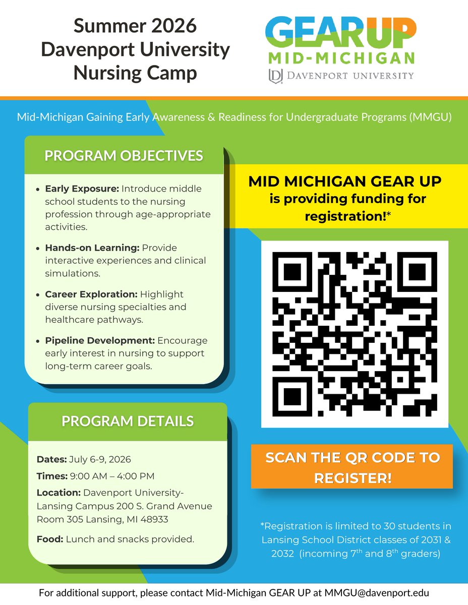 CapitalAreaCAN's tweet photo. 🗣️Lansing School District classes of 2031 &amp; 2032! Interested in nursing? Register for the GEAR UP Mid-Michigan @DavenportU Summer 2026 Nursing Camp 🩺 This is a FREE opportunity to learn more about nursing and pathways to healthcare careers. Registration is limited.
🔽 More https://t.co/At9jnLXP67