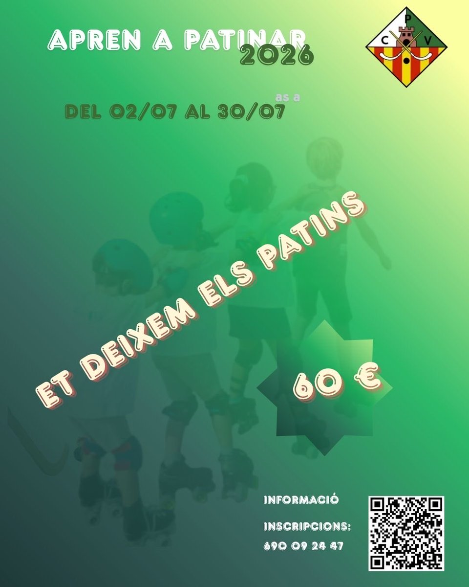 cpvilanova's tweet photo. APREN A PATINAR AQUEST ESTIU! 💚🤍

¡NOSALTRES ET DEIXEM ELS PATINS! 🛼
🗓️ Dates: Del 2 de juliol al 30 de juliol.
💰 Preu únic: 60 €
📱 Inscripcions i informació:
Omple directament el formulari d’inscripció aquí: 👉 https://t.co/KyvyxJUlgf https://t.co/tlLQyATytS