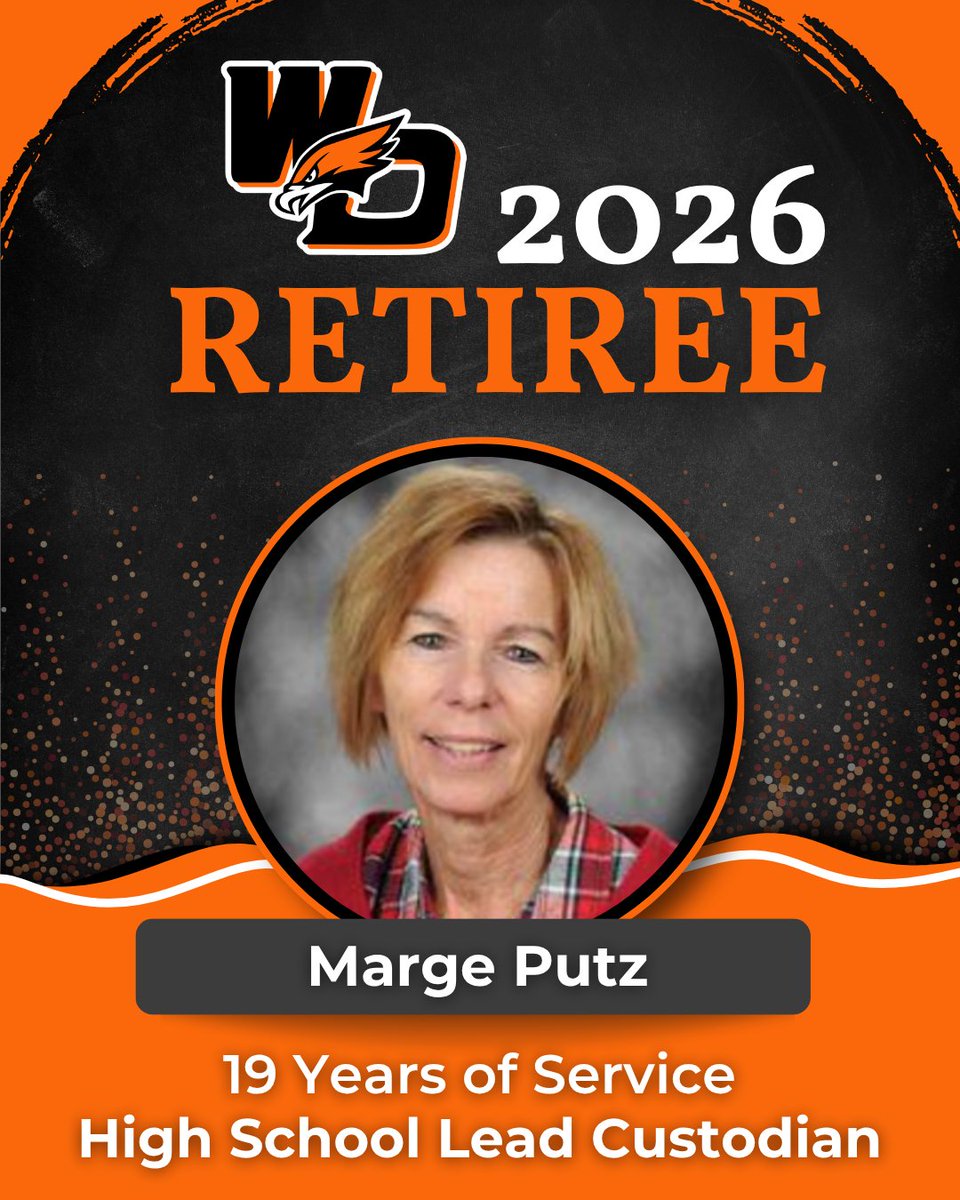 wdccsd's tweet photo. Congratulations to High School Lead Custodian Marge Putz on her retirement after 19 years of service to our district! 🎉

We are grateful for her years of hard work, care, and service to our school community. https://t.co/GrUcSsecv0