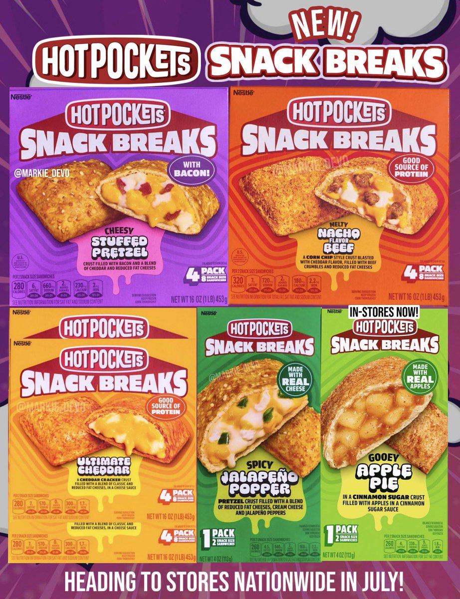 markie_devo's tweet photo. I feel like I could a whole box of these instantly!😅

New Hot Pockets Snack Breaks, a brand-new line of bite-sized squares meant for all-day, everyday snacking.

They come in 5 flavors::
-Ultimate Cheddar
-Spicy Jalapeño Popper
-Melty Nacho Beef
-Cheesy Stuffed Pretzel with Bacon
-Gooey Apple Pie 

🛒Find the new Snack Breaks at major stores that carry the brand nationwide in July. The Gooey Apple Pie can be found at stores now in a limited-edition America’s 250th packaging. 

(News/Image::Nestlé USA)

Thoughts👇🏻