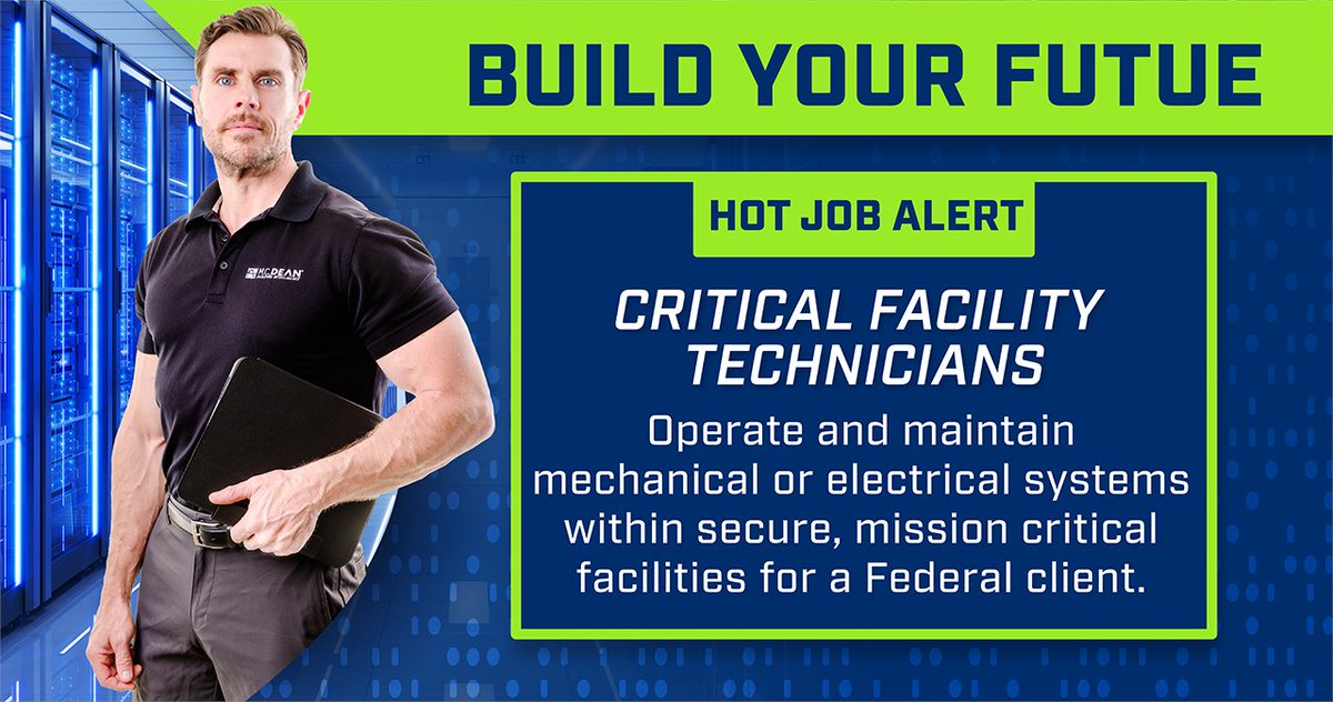 mcdean's tweet photo. Looking to grow your career in #missioncritical environments? We’re #hiring skilled #Mechanical and #Electrical Critical Facility Technicians to support high-impact projects nationwide. 

Join our teams supporting advanced, secure facilities that power the future of technology and operations. Candidates must have (or be eligible for) a Secret clearance.

Check out our M.C. Dean careers page here: https://t.co/nt4bOzHQhj