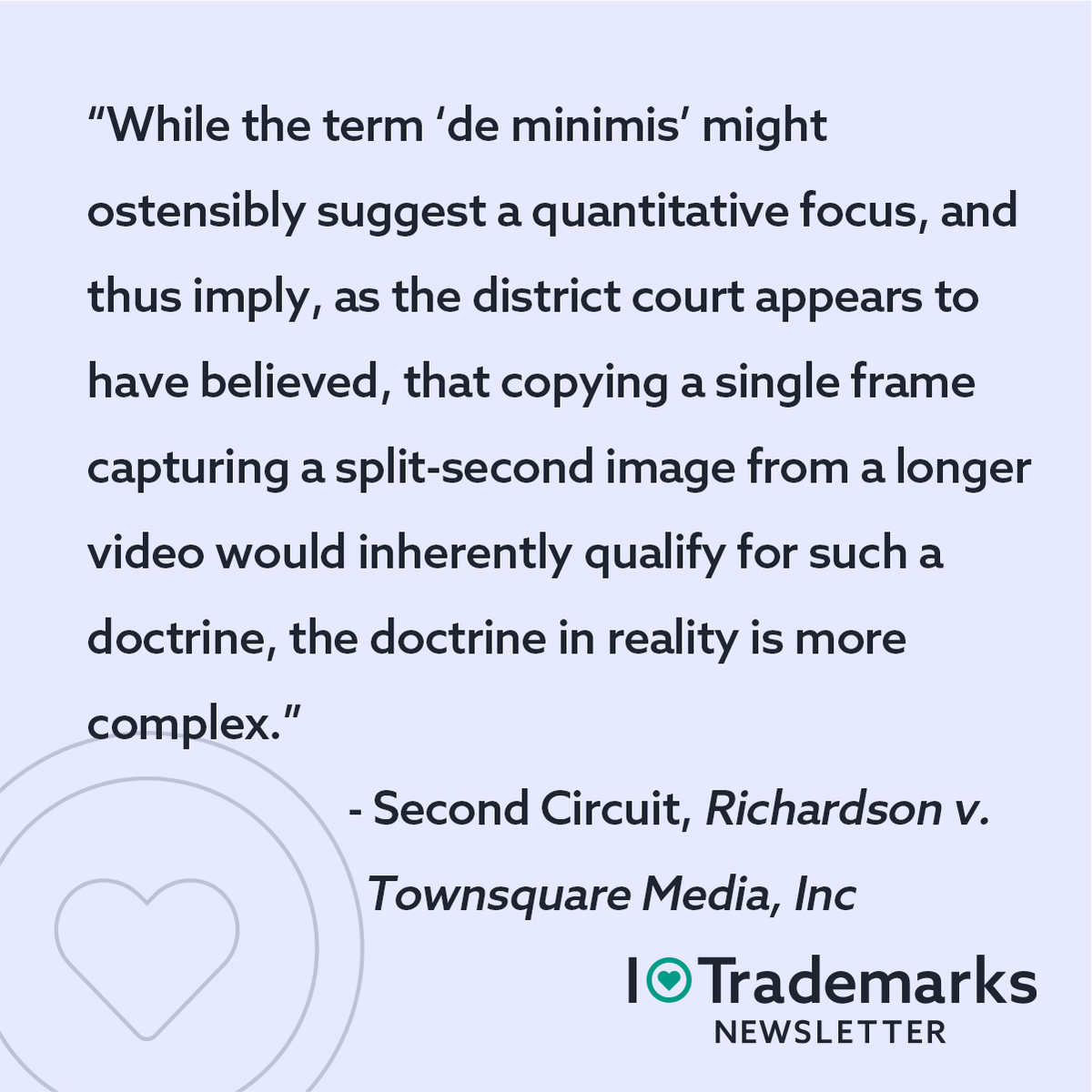 AltLegalHQ's tweet photo. 2d Cir finds use of single frame is not de minimis, YouTube launches deepfake detection tool, and US Copyright Office suggests Congress may need to codify doctrine of contributory infringement. More in this week’s I ❤️ Trademarks Newsletter: https://t.co/PqlOTsWFrp https://t.co/nVX7xxAsi3