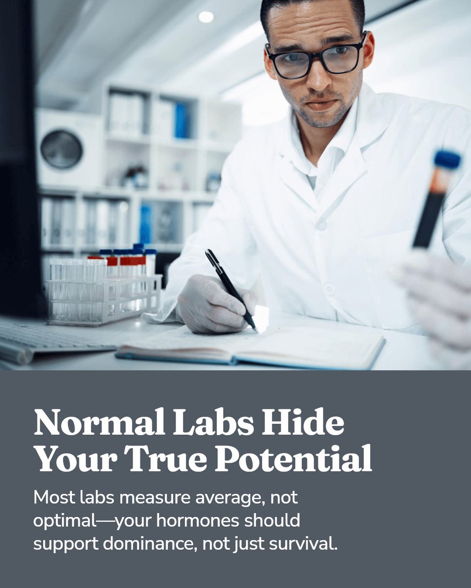 RTkumar's tweet photo. Reference ranges can miss the real story in high-performing men.

Most labs measure average, not optimal.

You can be "normal" yet far from your peak.

We build hormone levels that support dominance—not just survival. #MensHealth #TestosteroneReplacementTherapy #Biohacking https://t.co/6Uv3oxqEKj