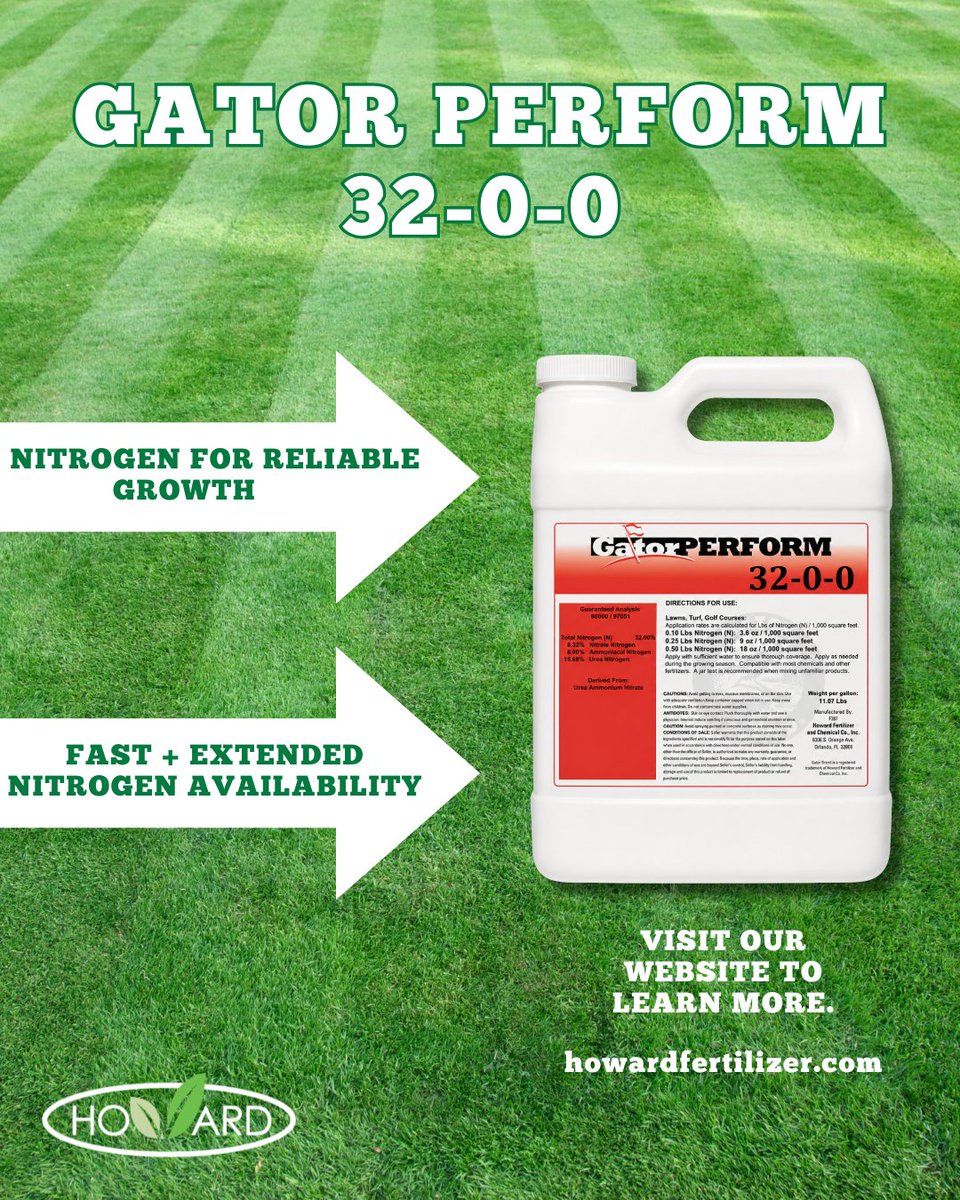 HowardFert's tweet photo. Gator Perform 32-0-0 

Built to do more than just feed, this blend helps support turf and lawn health through stress, recovery, and everything in between. Helps maintain color, root strength, and overall performance when it matters most.

For more information, visit our website. https://t.co/94oIIZjYHv