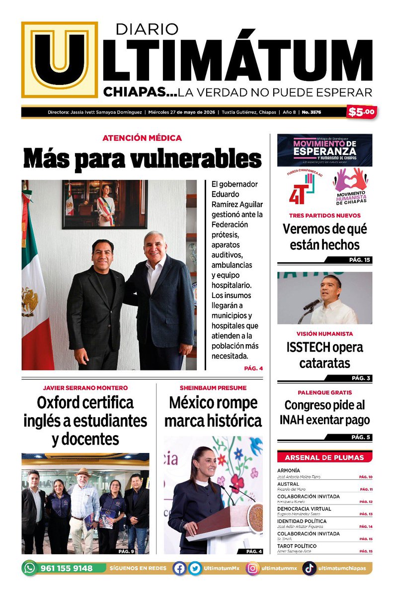 UltimatumMx's tweet photo. TITULARES DE DIARIO ULTIMÁTUM
MIÉRCOLES 27 DE MAYO
https://t.co/9kpSnBkz0C

• ATENCIÓN MÉDICA
Más para vulnerables

• SHEINBAUM PRESUME 
México rompe marca histórica

• JAVIER SERRANO MONTERO 
Oxford certifica inglés a estudiantes y docentes https://t.co/OEfTVaVXBt