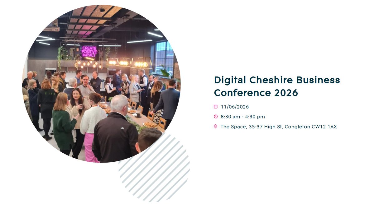 MadeSmarterUK's tweet photo. Join #DigitalCheshireConf2026 for a full day of practical insight on AI, cyber security and digital tools for business.

🗓 11 June | 📍 Congleton
🎯 Expert speakers + networking + practical support
👇 Register now
https://t.co/zzk6jAOCuT

#DigitalCheshire #DigitalTransformation https://t.co/q1xbnRAc7l