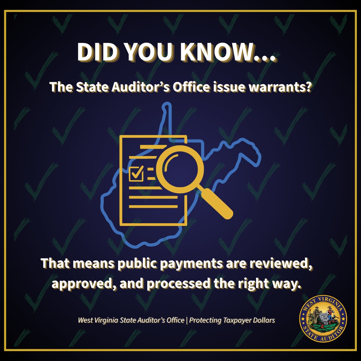 WVAuditor's tweet photo. Did you know?

The Auditor’s Office issues state warrants. These are the official orders that let approved payments move forward. It’s one way State Auditor Mark Hunt helps keep West Virginia’s public dollars moving responsibly. https://t.co/LT6L0Po8aC