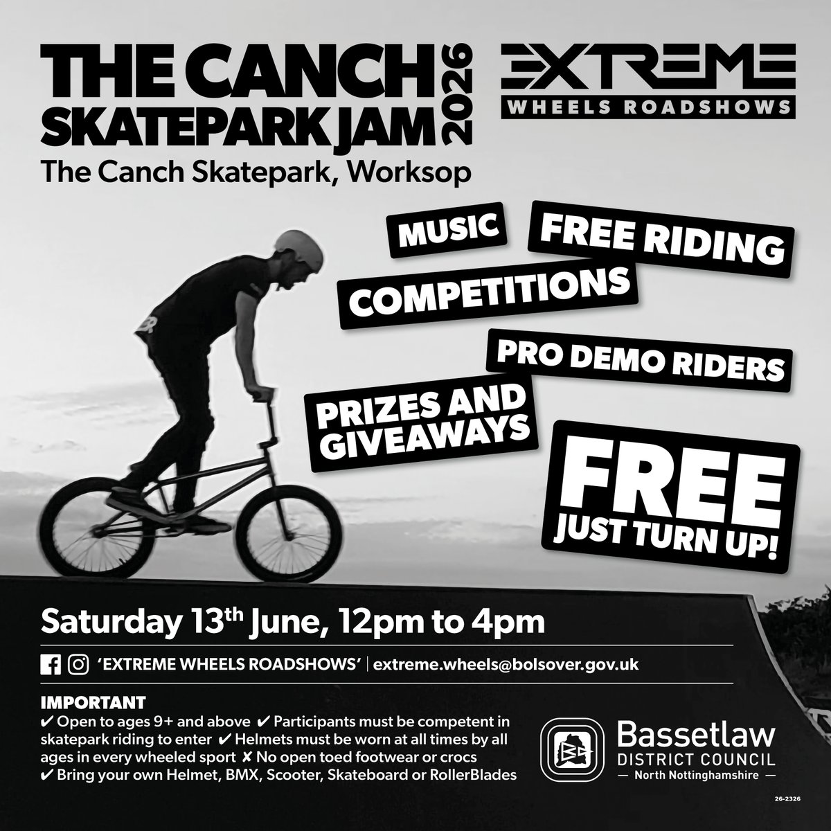 BassetlawDC's tweet photo. Extreme Wheels' Skatepark Jam 2026 is coming to Worksop soon! 🤩

📍 The Canch skatepark
📅 Saturday, 13th June 2026 

Drop by between 12:00pm and 4:00pm for a range of fun activities, including:
🎵 Music
🚴 Free riding
🎁 Prizes and giveaways
🏅 Competitions 
🚲 Pro demo riders

ℹ️ Important information
Open to ages 9+, participants must be competent in skatepark riding to enter, helmets must be worn at all times by all ages in every wheeled sport, no open-toed shoes or crocs, bring your own helmet, BMX, scooter, skateboard or rollerblades.